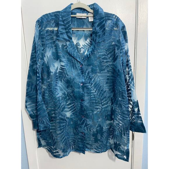 Units Tall Blouse XXL Tall Blue Sheer Tropical Floral Embroidered Beaded NWOT - Picture 1 of 7